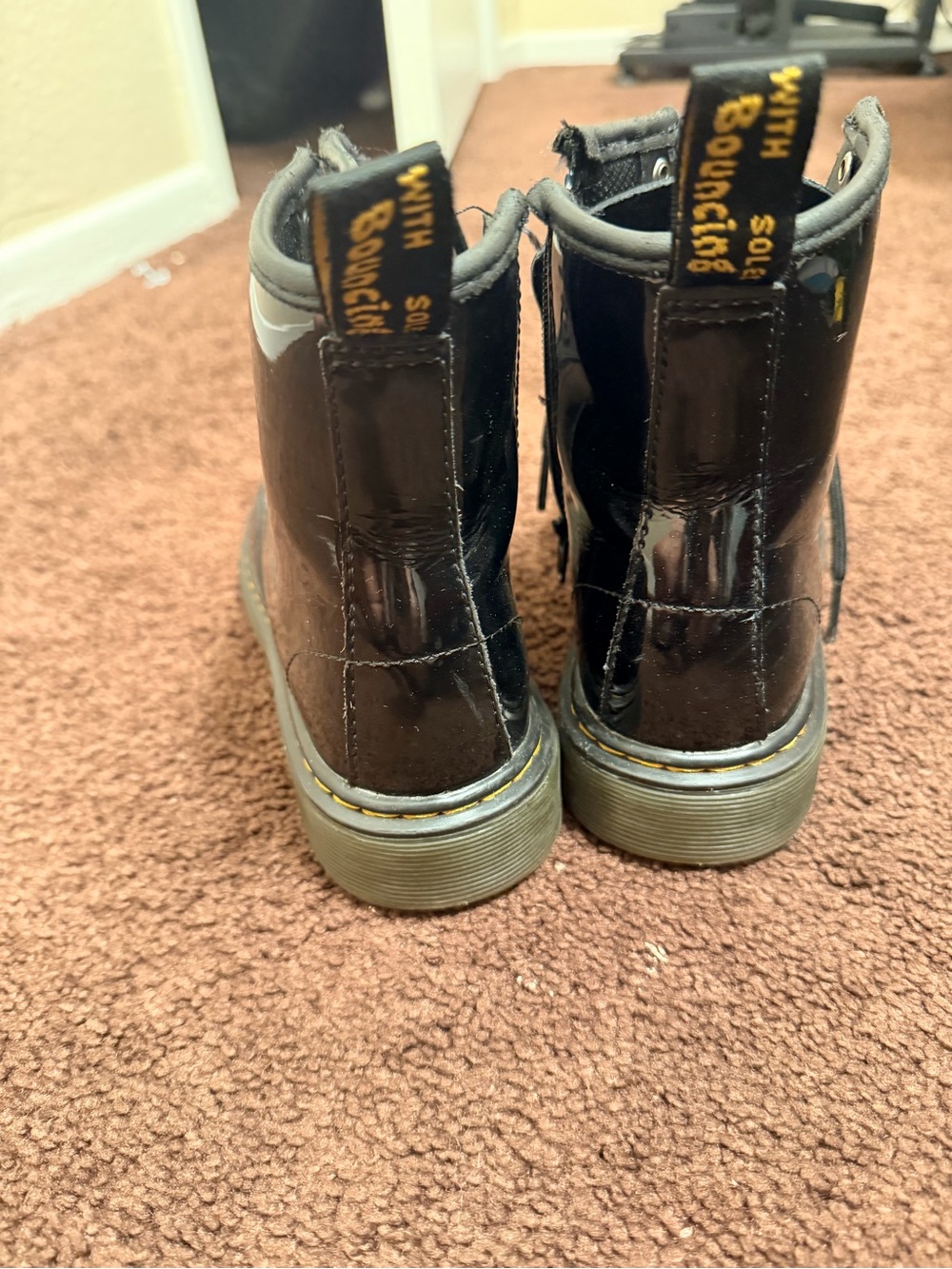 Dr. Martens Kids Black Patent Ankle Boots with Yellow Pull Loop